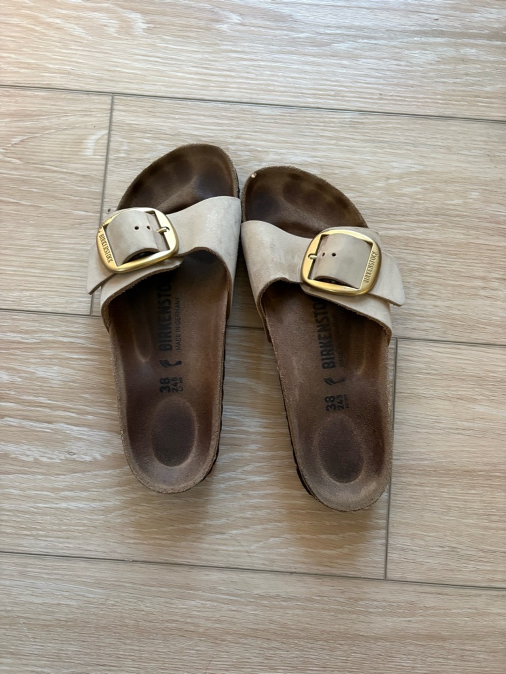 Birkenstock Women's Madrid Single-Strap Sandal in Light Beige with Gold Buckle